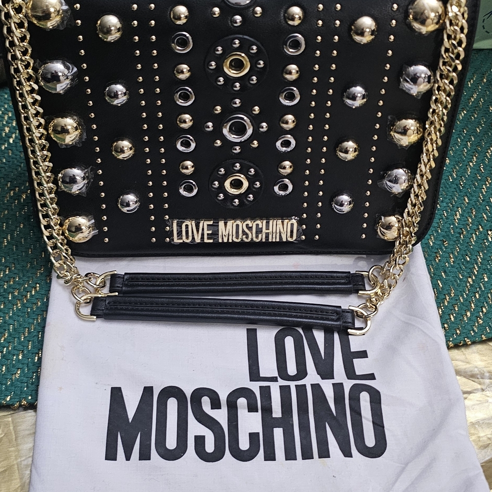 Love Moschino Black and Gold Studded Shoulder Bag